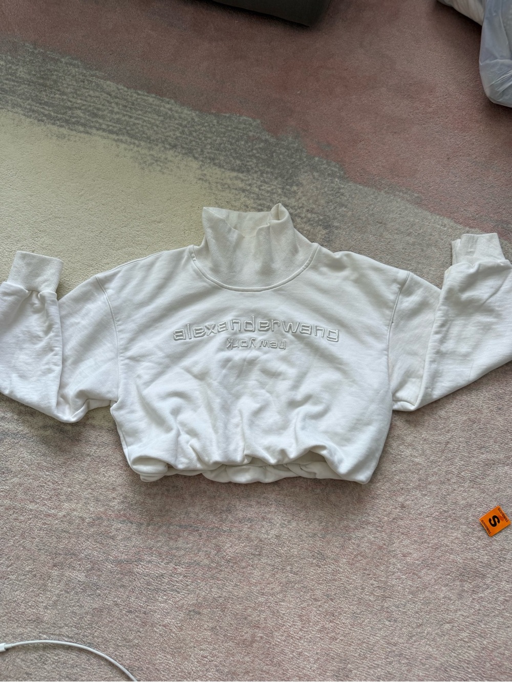 Alexander Wang White Cropped Funnel Neck Sweatshirt with Embossed Logo